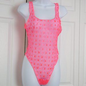 Playboy "The Icon" Sheer Mesh Hot Pink Thong Bunny Pattern Bodysuit Size MEDIUM
